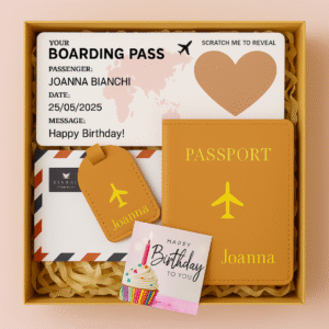 Personalized Travel Gift Set – Custom Passport Holder, Luggage Tag & Surprise Trip Scratch-Off Ticket